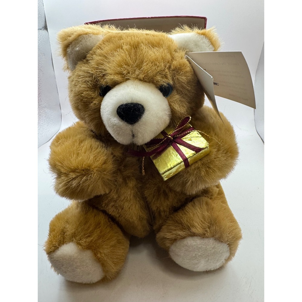 Christmas Teddy Bear Plush Gift Box Gold Bow Holiday Decor Collectible